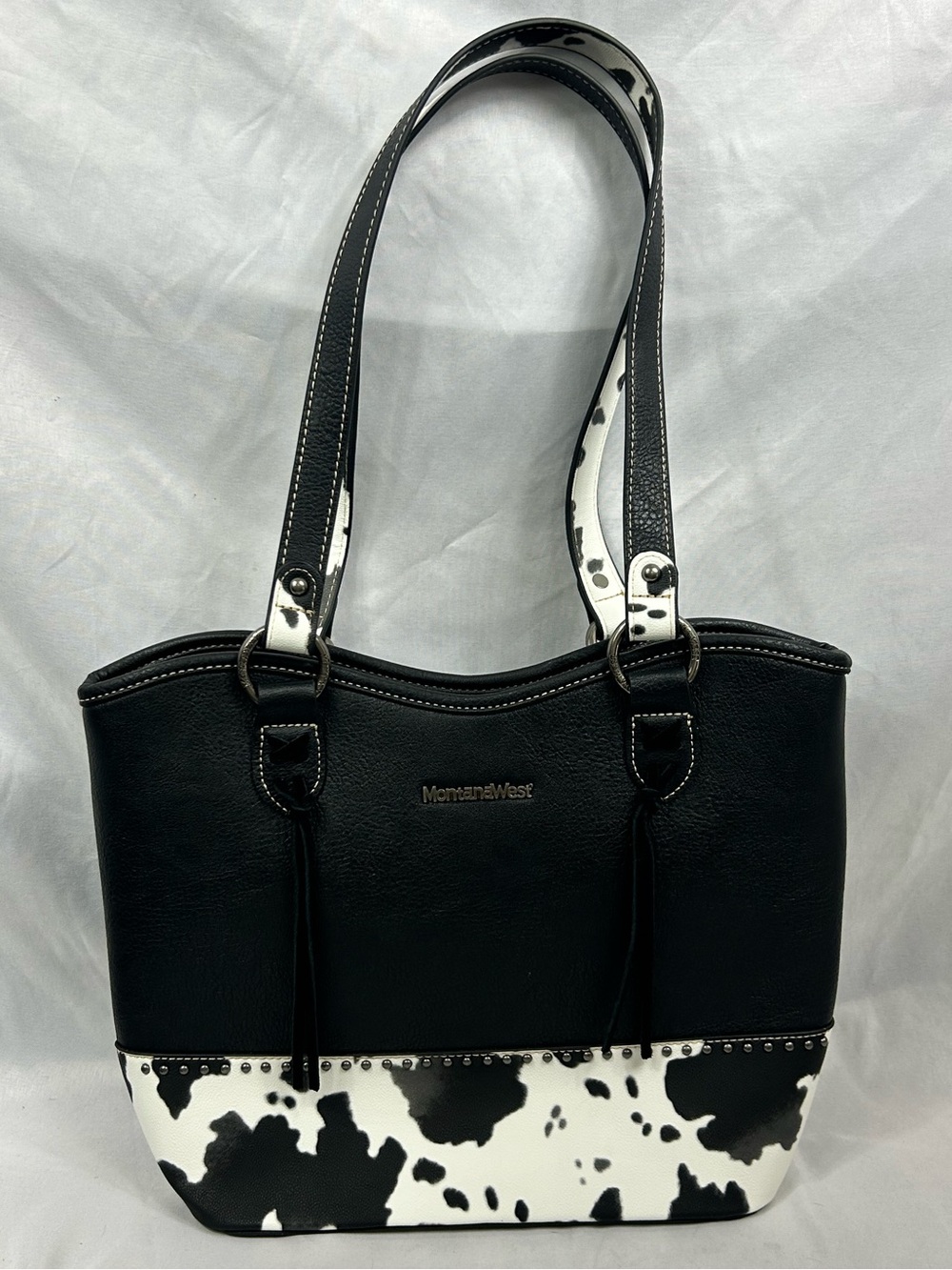 Montana West Black Tote with Black-and-White Cowhide Accent